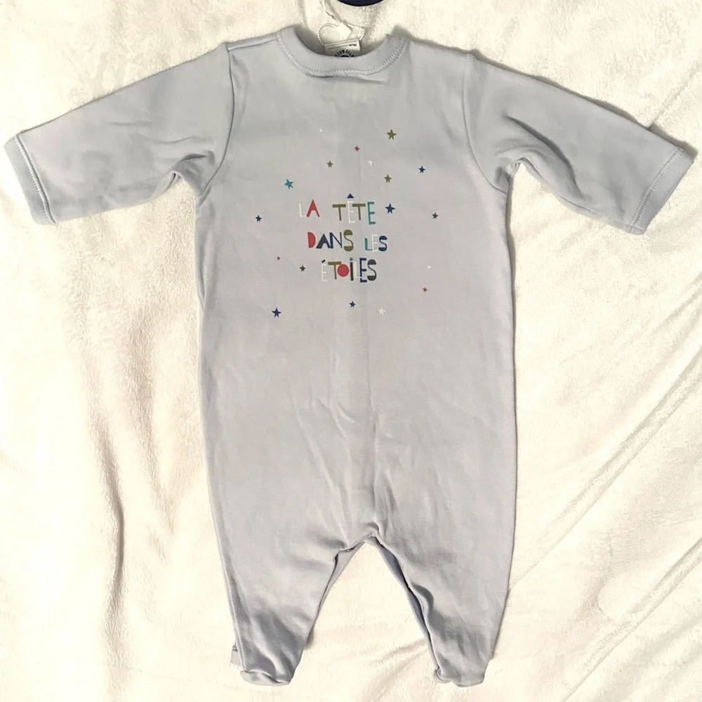 Petit Bateau Baby Boys Blue Romper Footie 1pc Sleeper NB Snaps Cotton Rocket NWT